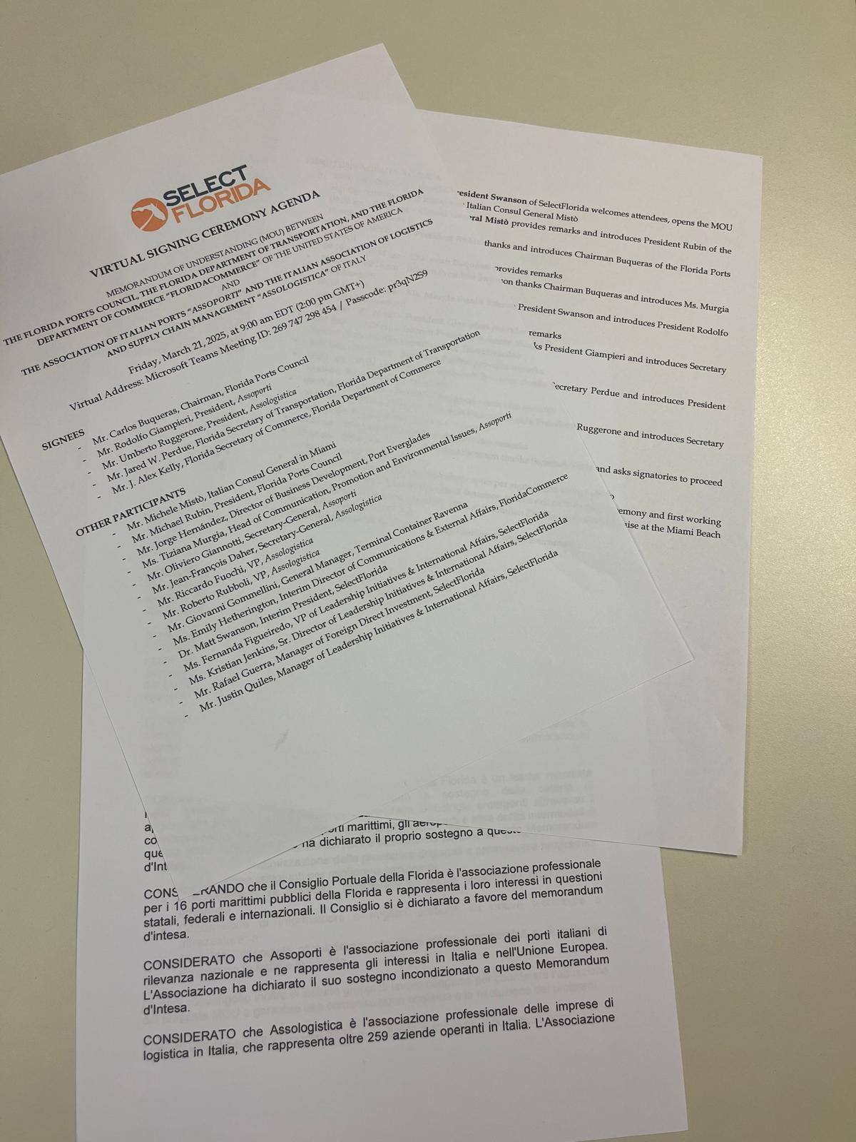 Sottoscritto accordo Assoporti e Assologistica con il Dipartimento del Commercio e del Trasporto della Florida